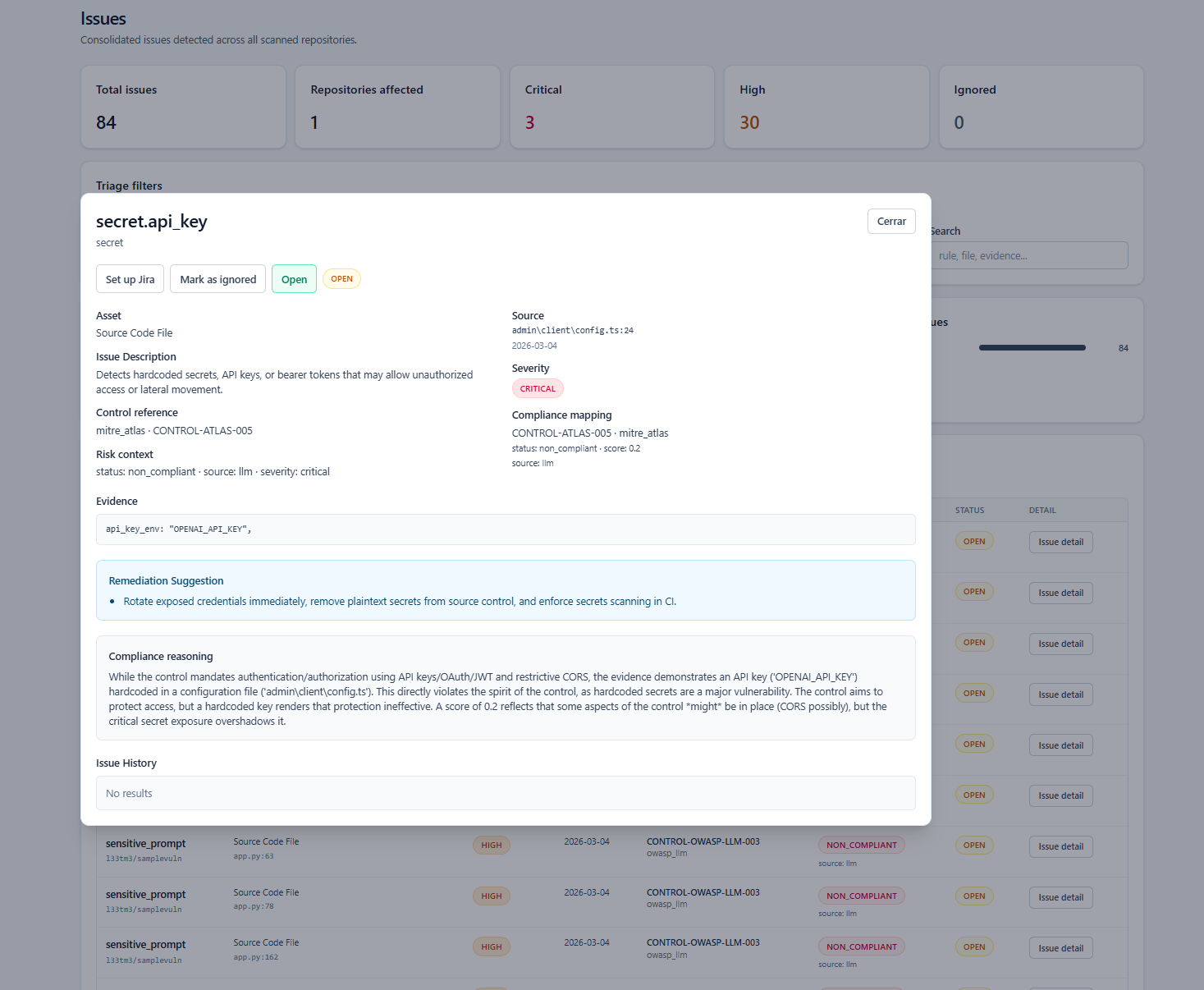 Issue detail view with evidence and context